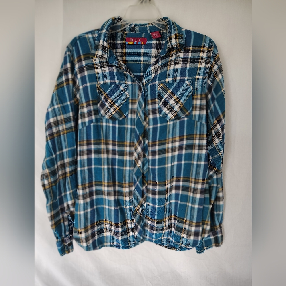 BTC Blue Plaid Button Down Shirt of teals, black & yellow. Size XL